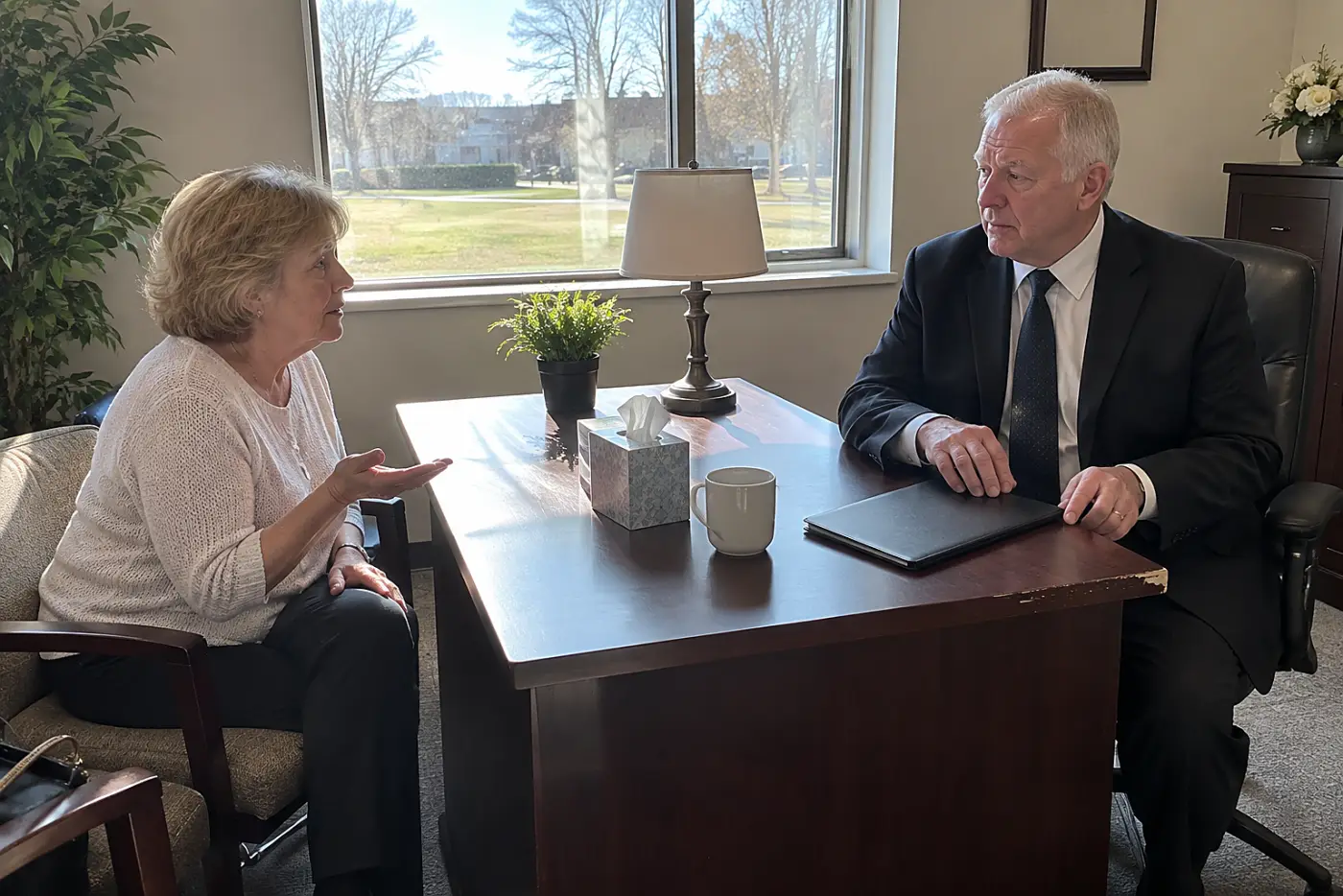 Older woman asking a funeral director a question at an office desk.