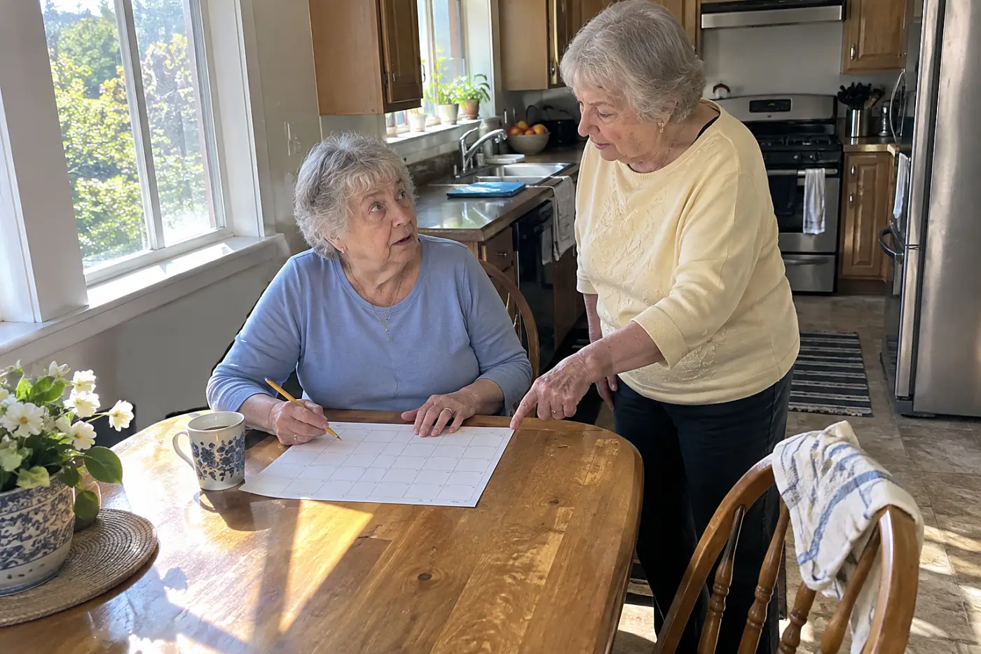 Older woman writing a claim deadline on a calendar in her kitchen.