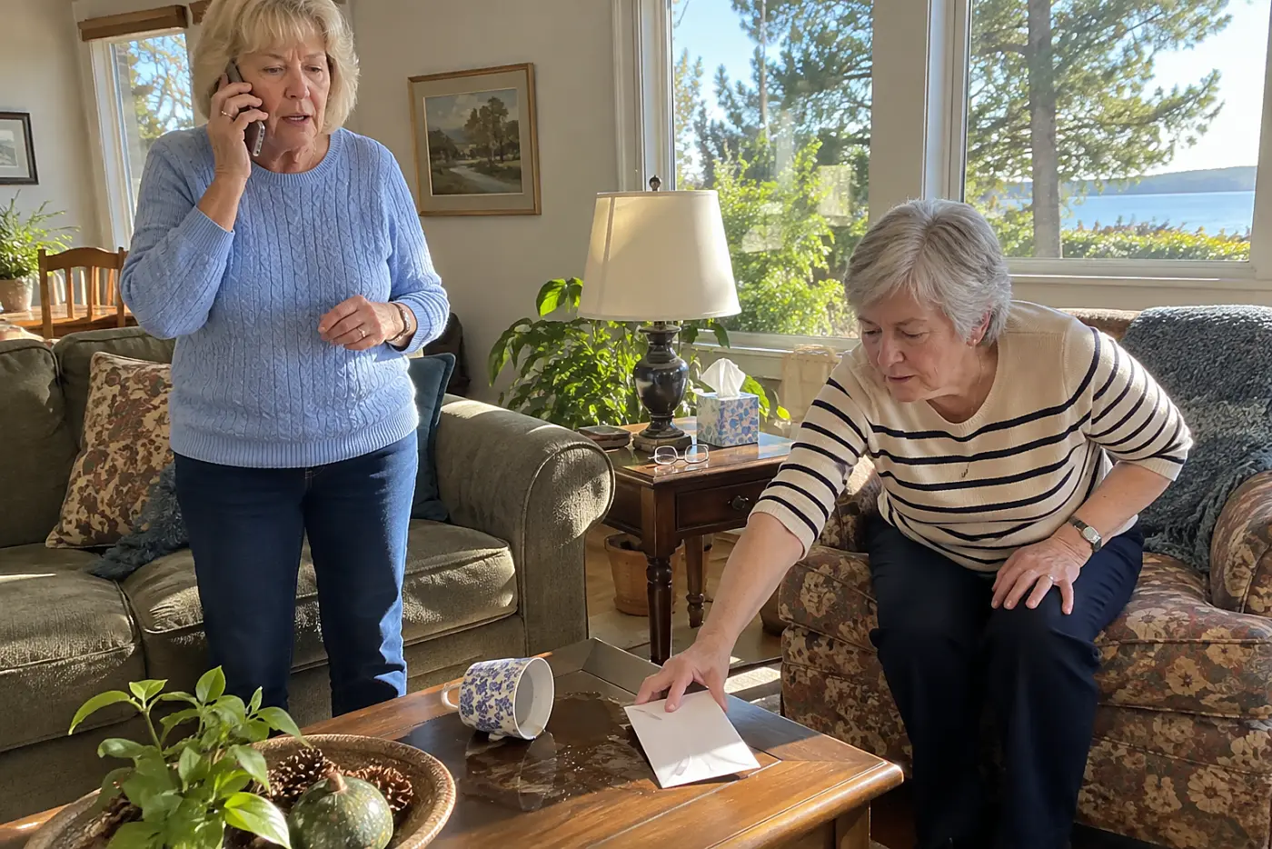 Older woman speaking by phone beside a Social Security letter at home.
