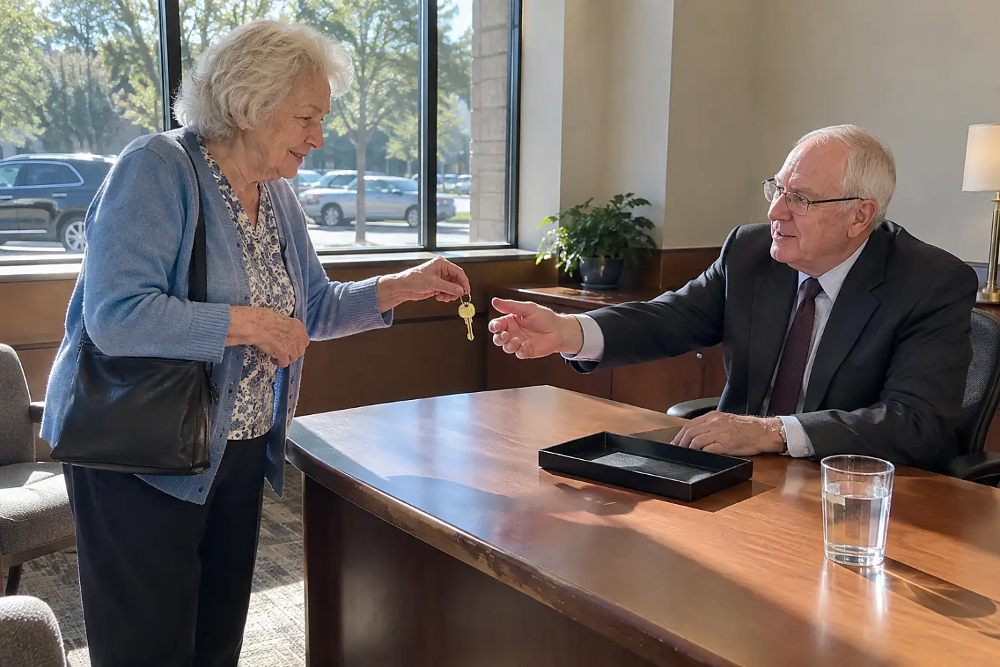 Older woman holding a safe deposit box key at a bank desk.