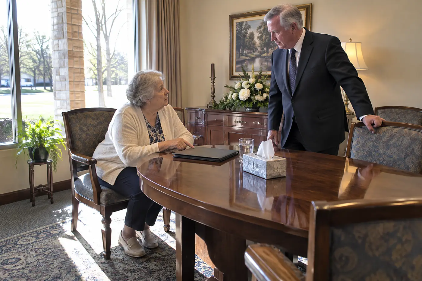 Older woman reading a funeral price list across a consultation table.