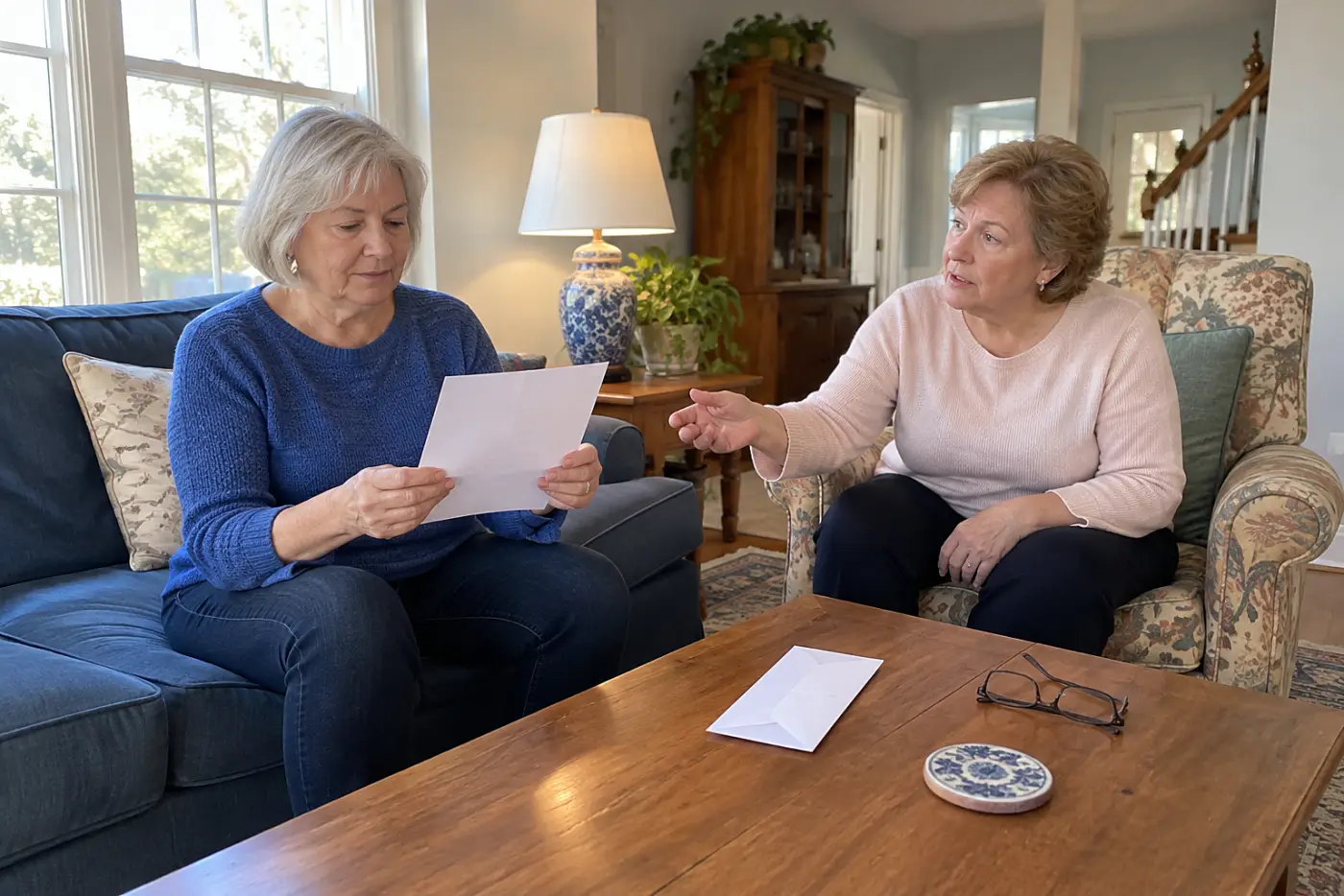 Older woman reading an employer health plan notice at home.
