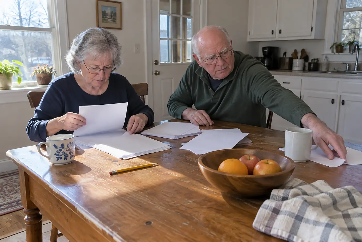 Older woman gathering tax forms at a kitchen table.