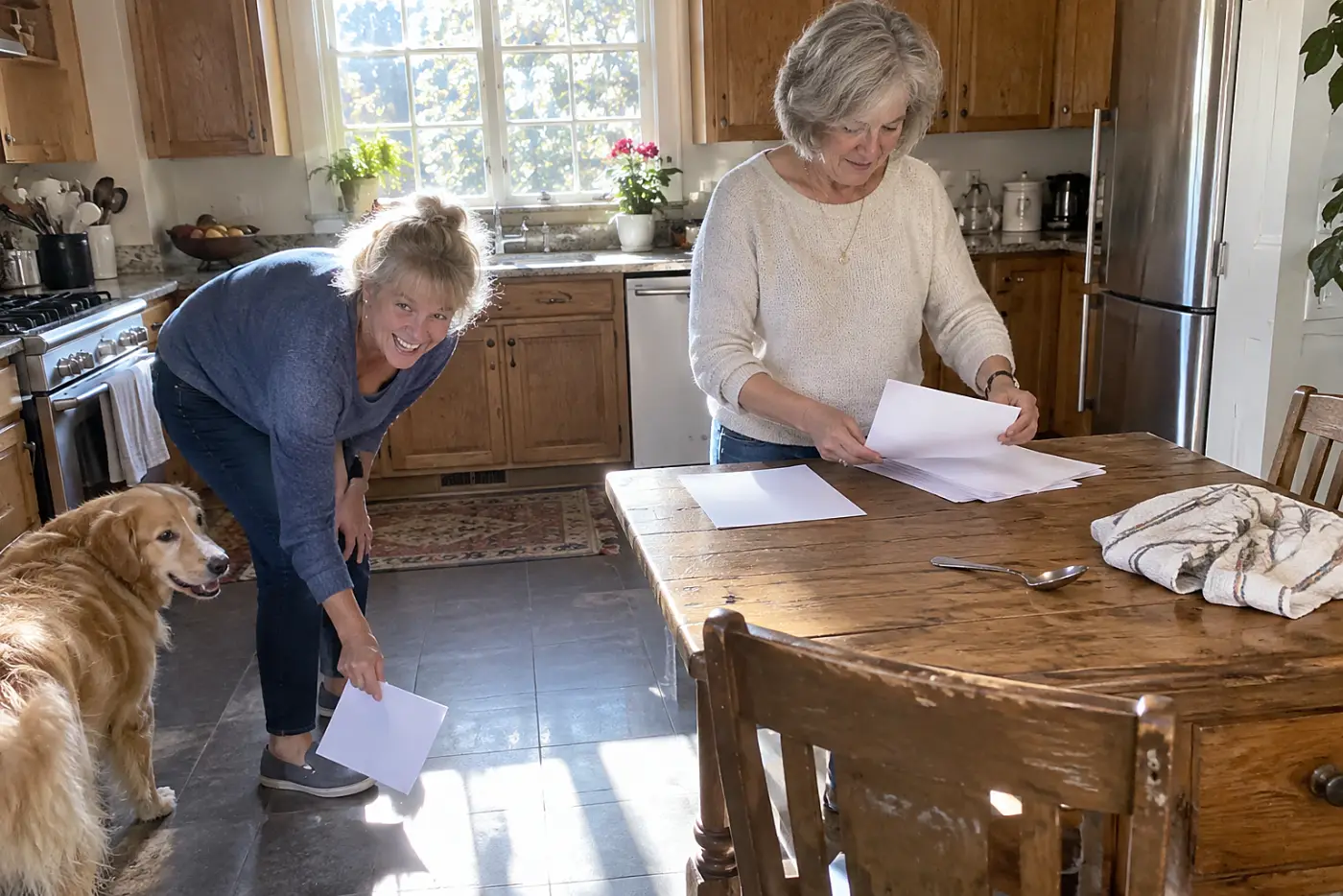 Older woman sorting household bills into two piles at home.