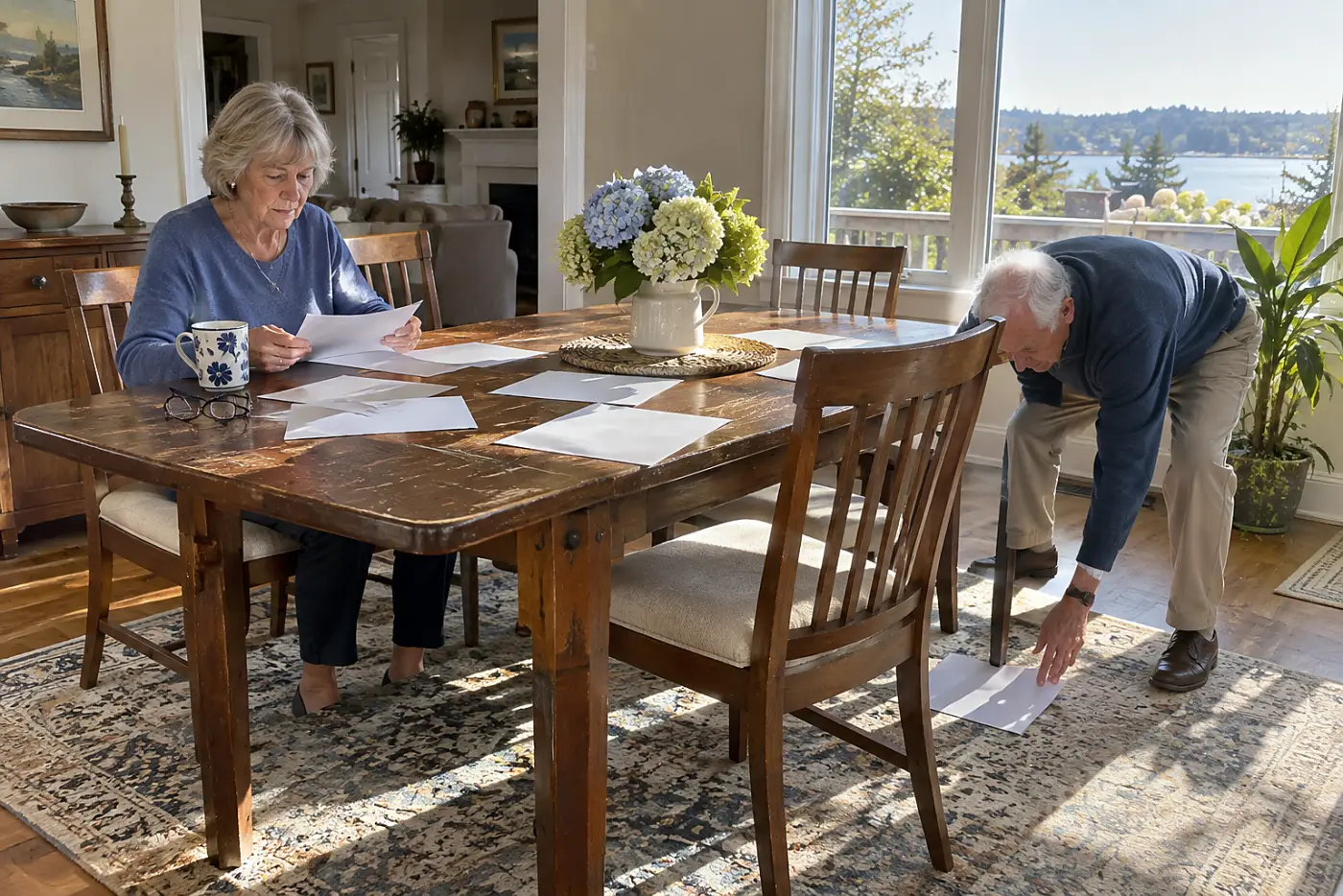 Older woman reviewing brokerage account papers at her dining table.