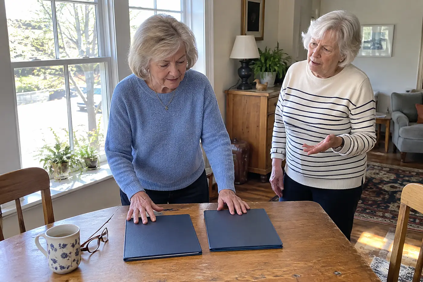 Older woman placing power of attorney papers beside a will at home.
