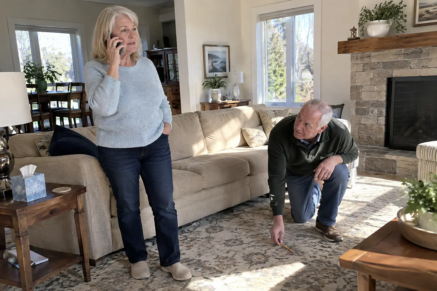 Older woman calling a mortgage servicer from her living room.