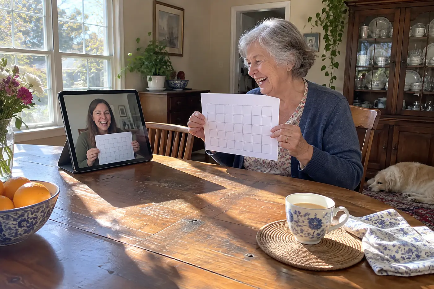Grandmother and her adult daughter checking calendars during a video call at home.