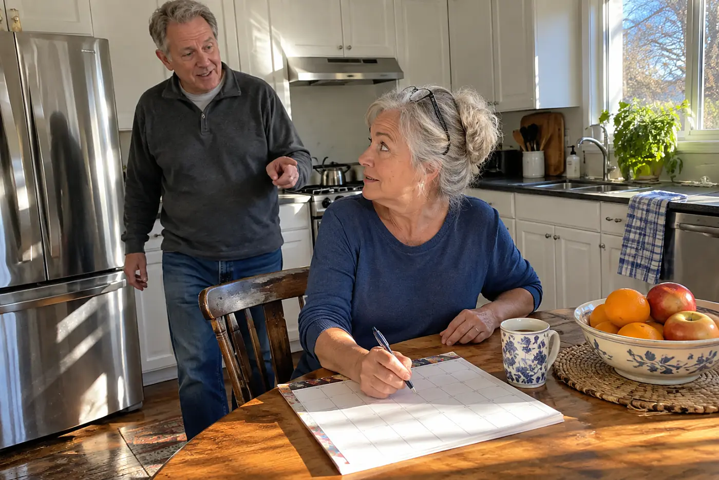 Older woman entering a recital date on her kitchen calendar.