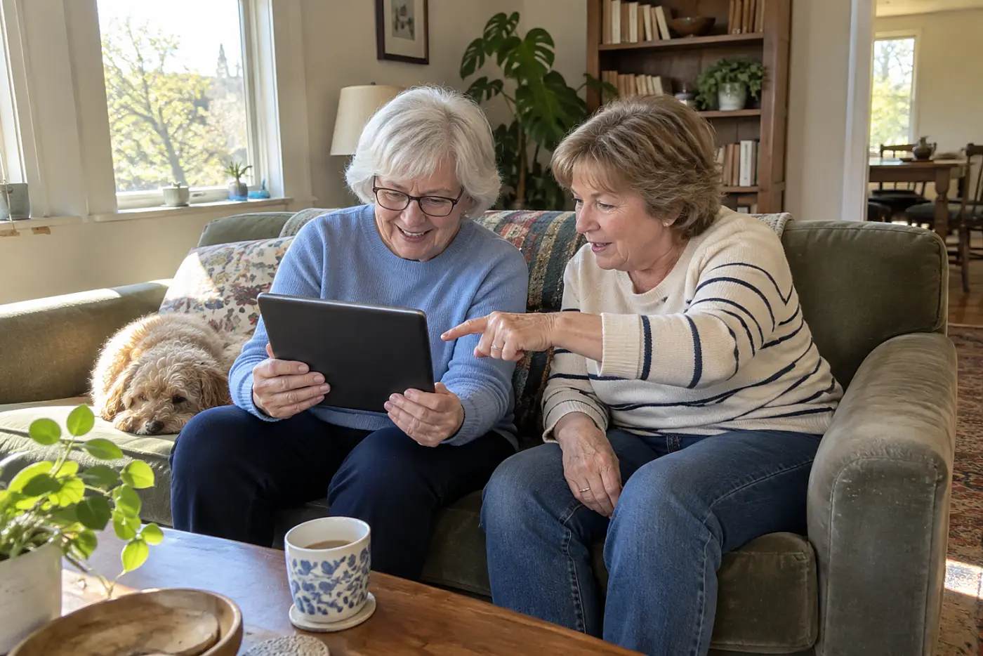 Older woman watching a grandchild show a bookshelf during a video call.