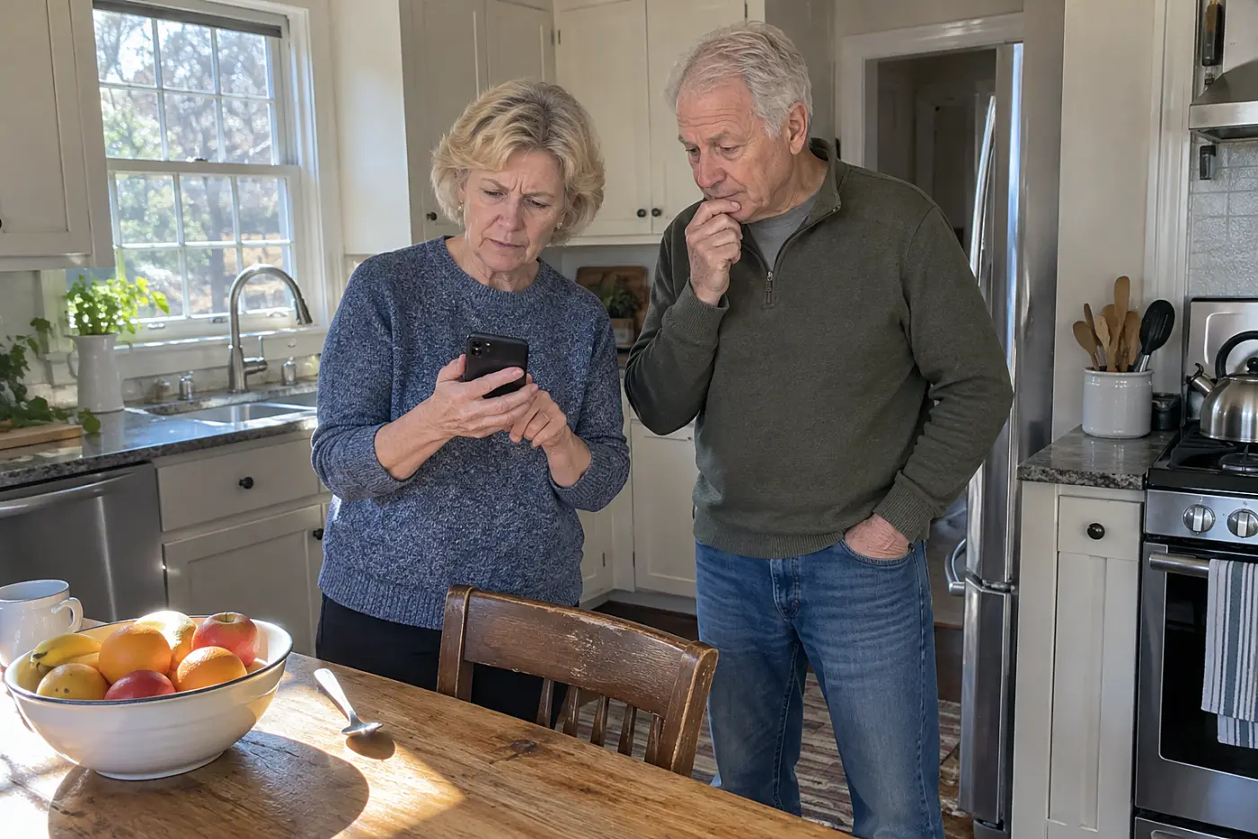 Older woman checking two city clocks on her phone at her kitchen table.