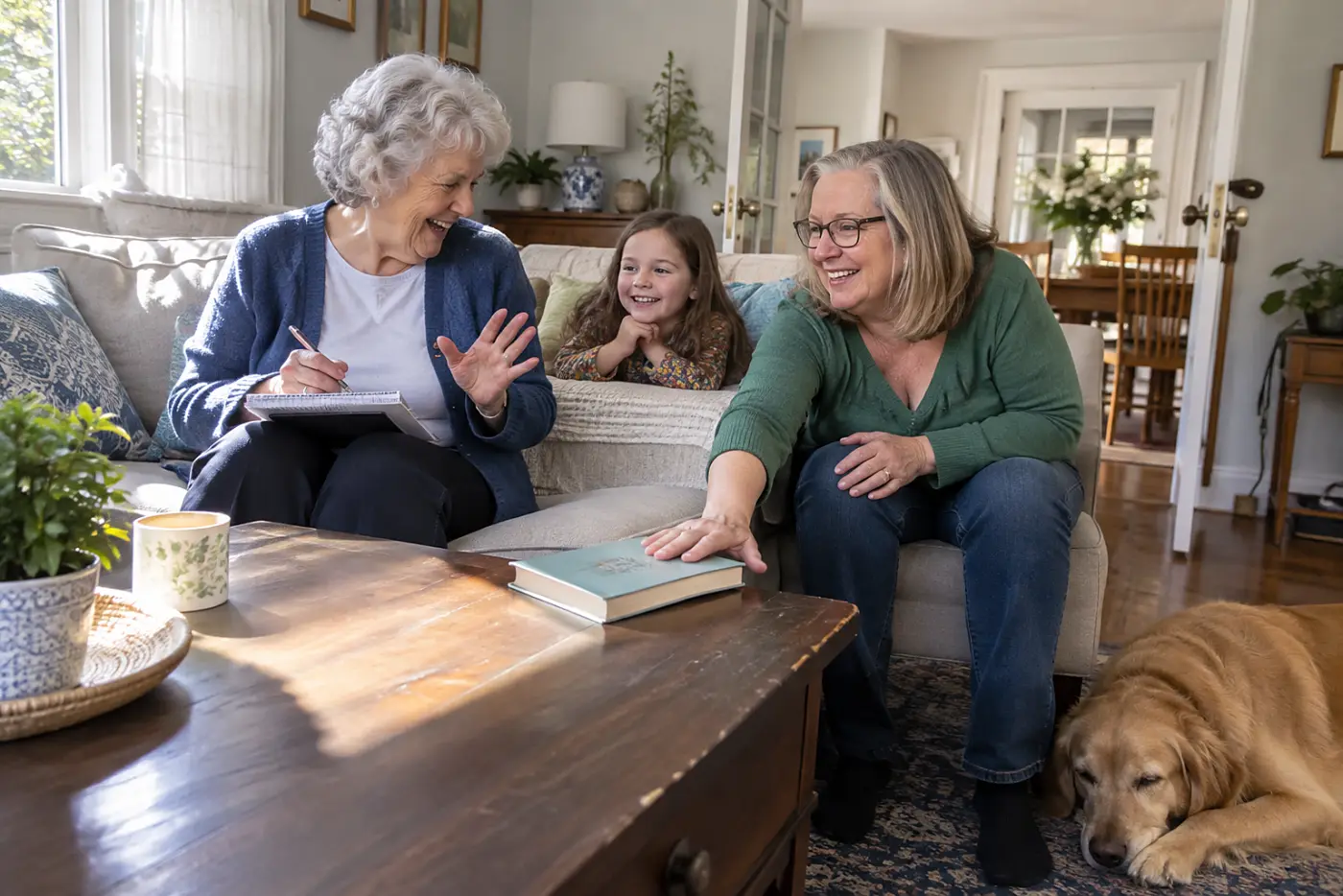 Grandmother writing a child's story prediction on a notepad beside an open book.
