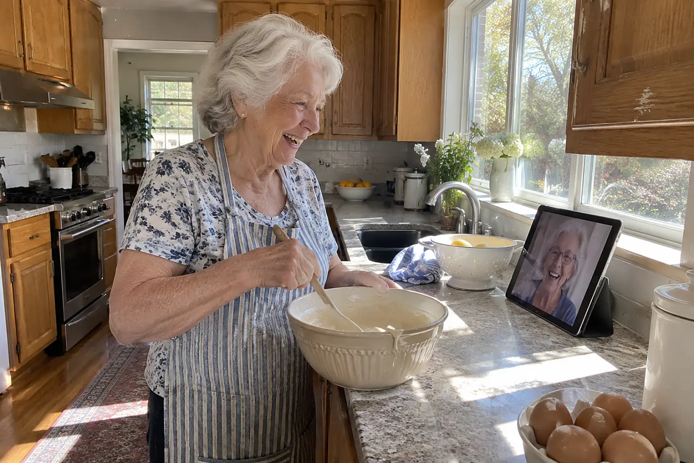 Grandmother stirring batter during a video call in her kitchen.