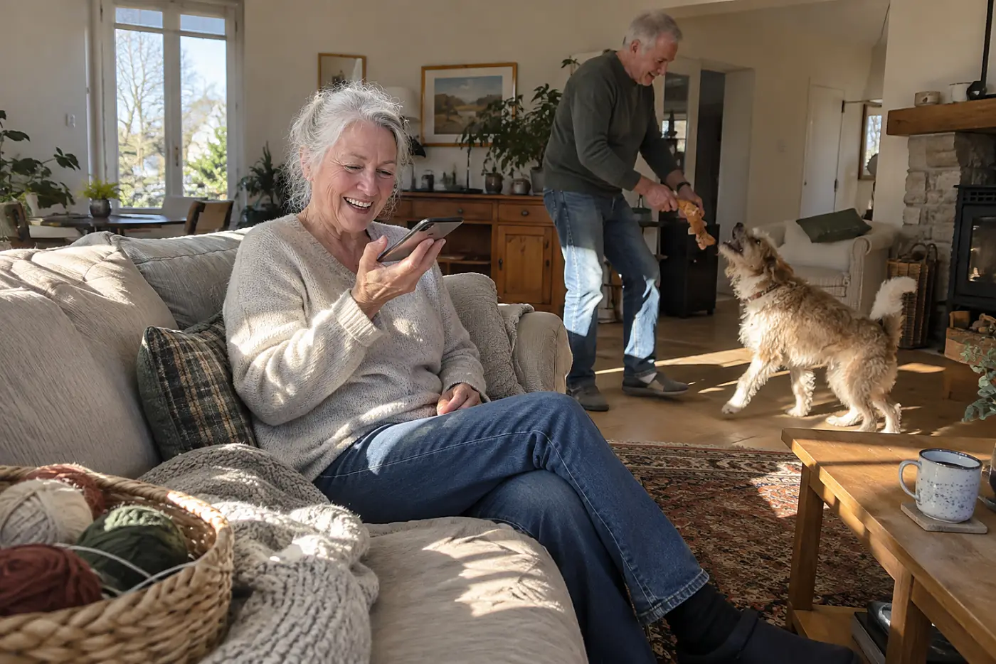 Grandmother recording a voice message on her phone while sitting on her sofa.
