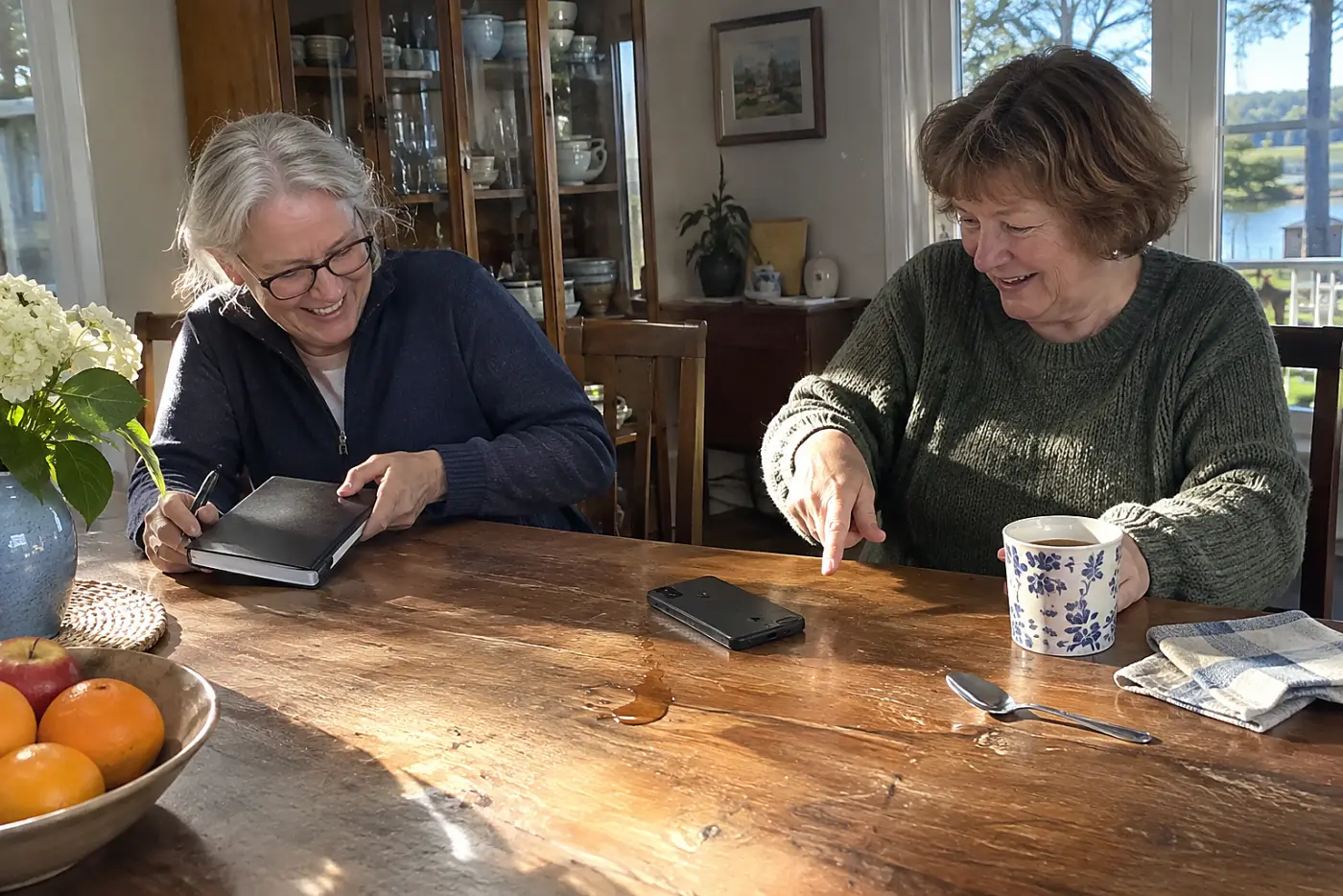 Older woman writing in a notebook beside her phone at a dining table.