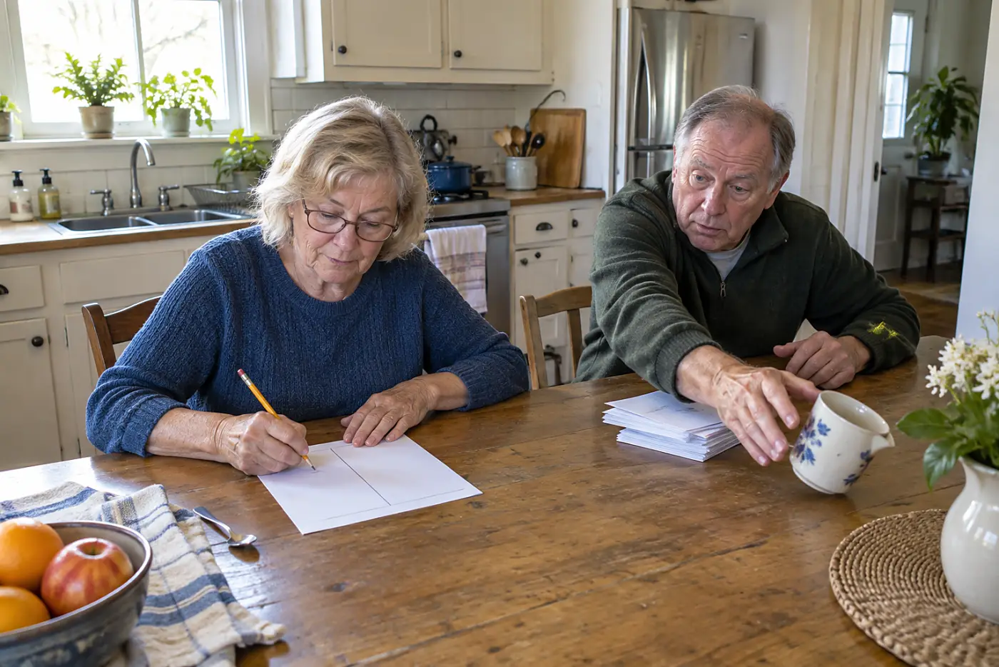 Older woman filling two columns on paper beside a stack of house bills.