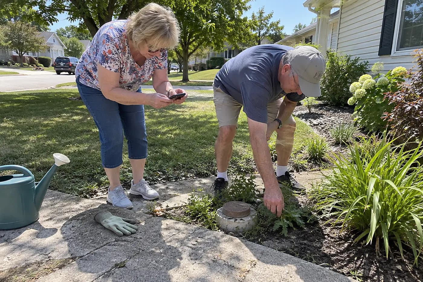 Older woman photographing a sewer cleanout in her front yard.
