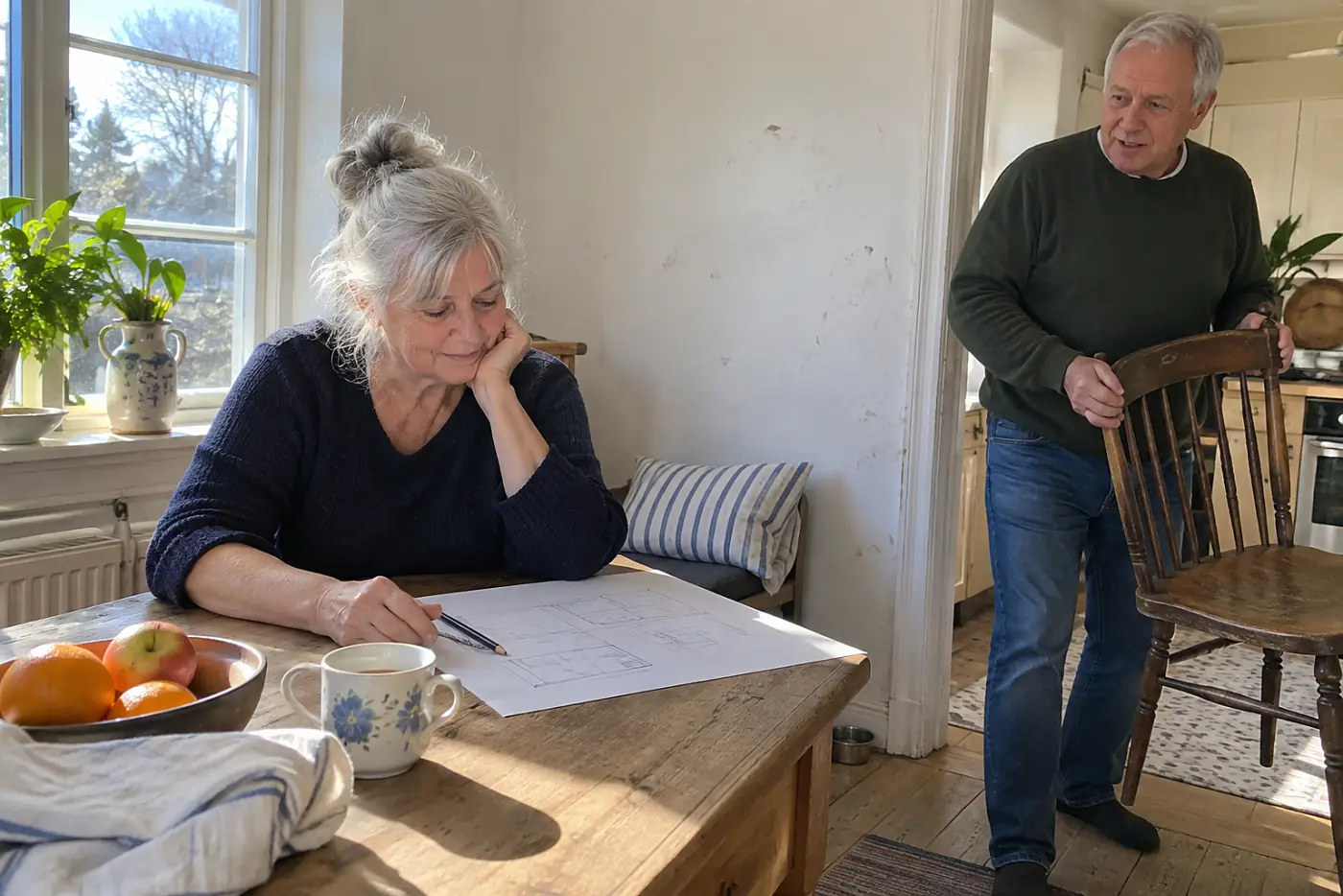 Older woman sketching her ground floor at the kitchen table.