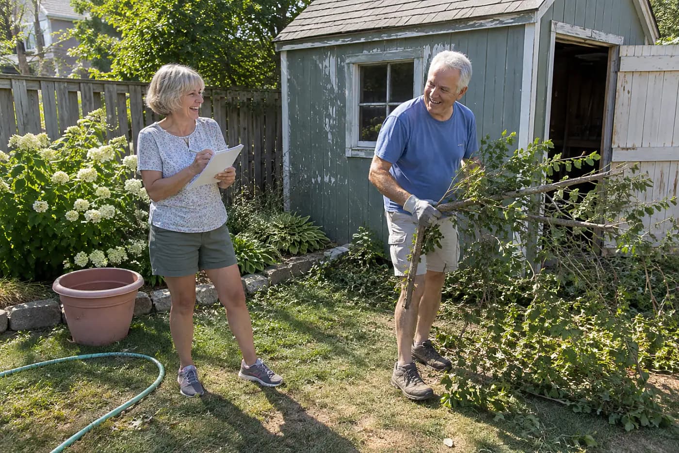 Older woman writing down yard chores beside her garden shed.