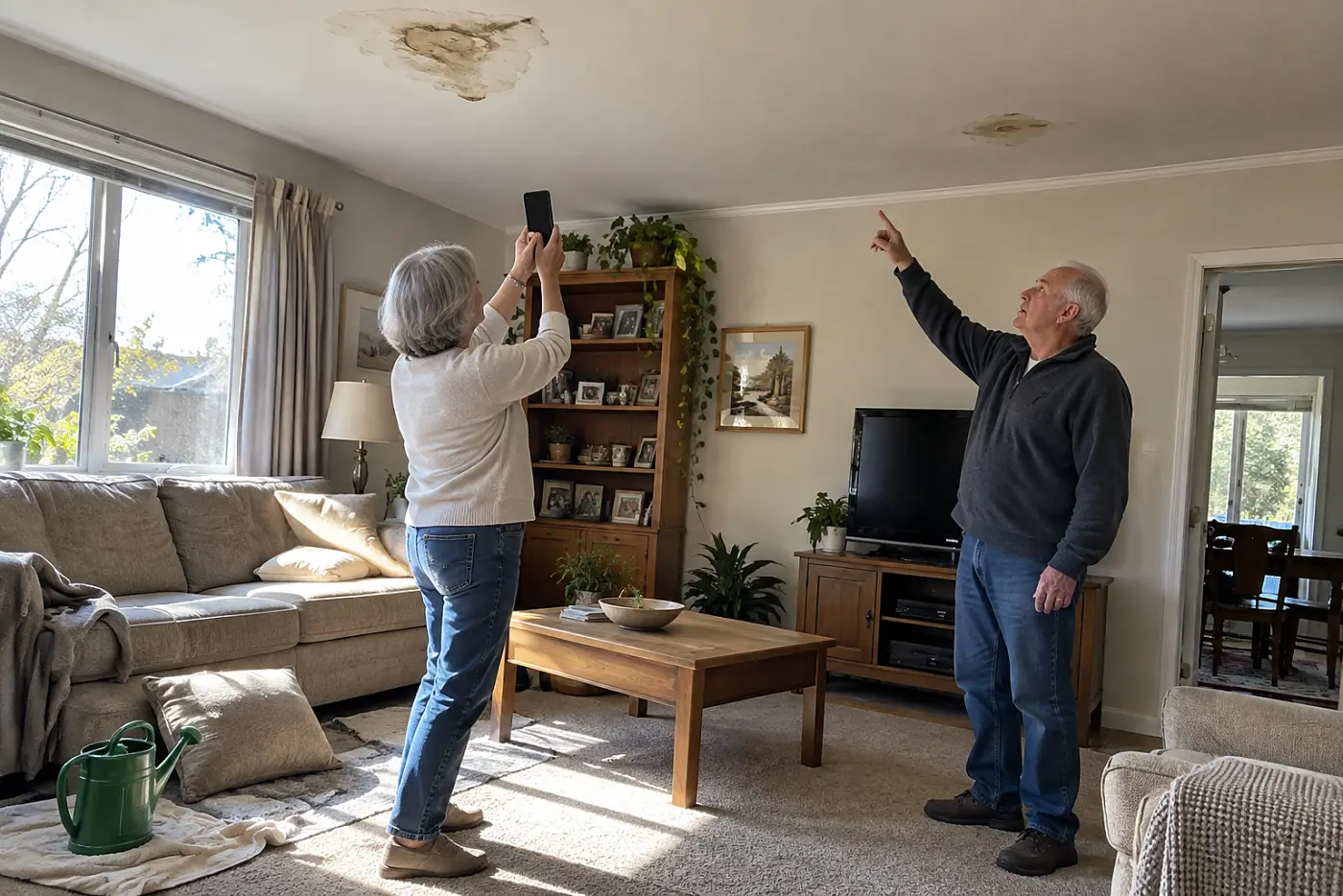 Older woman photographing a ceiling stain in her living room.