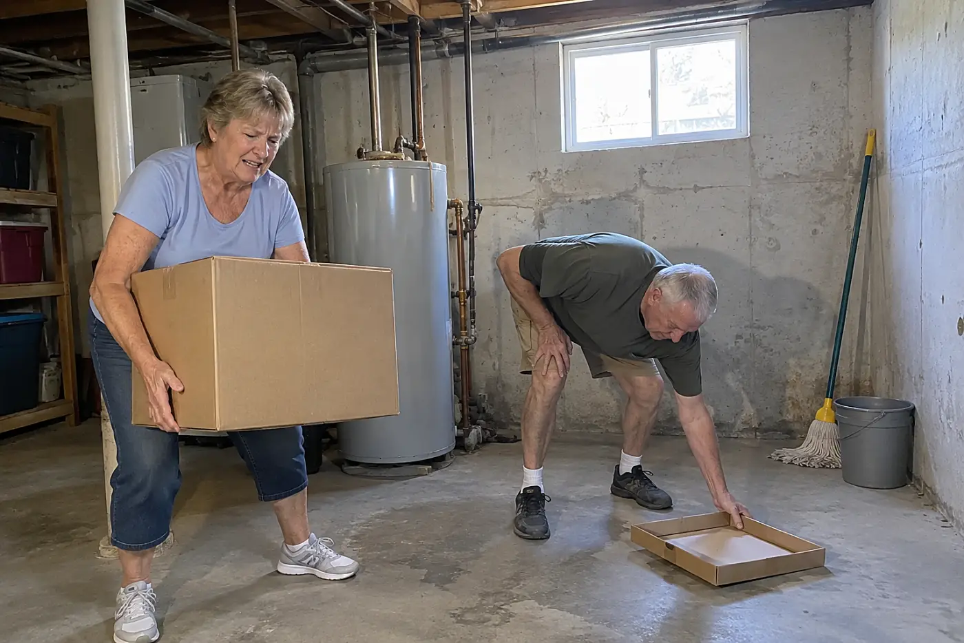 Older woman lifting a cardboard box from the floor beside a basement water heater.