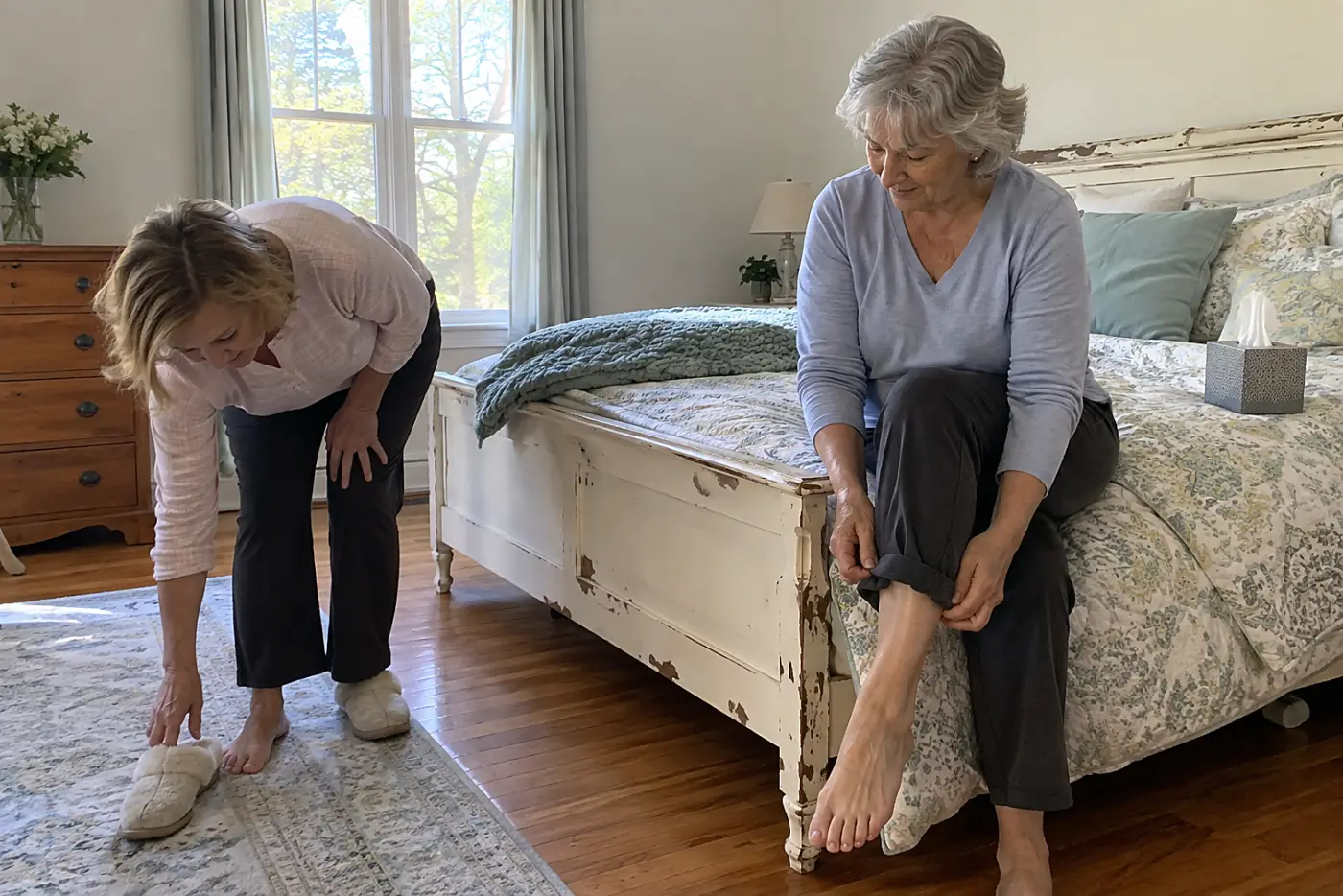 Older woman comparing her ankles while seated on her bed.