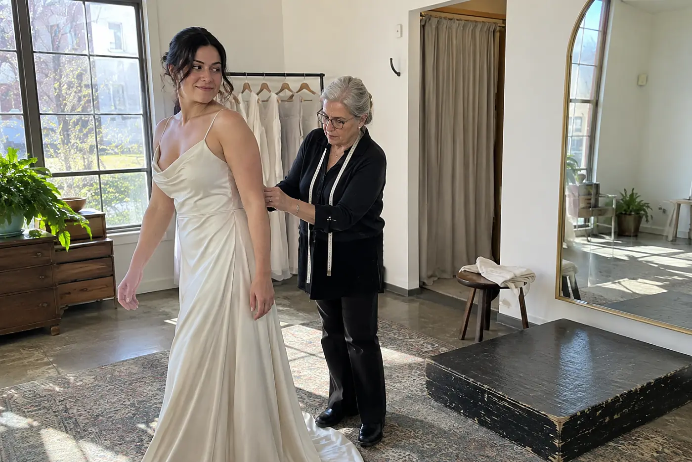 Tailor pinning a dress on a woman before she walks across a fitting room.