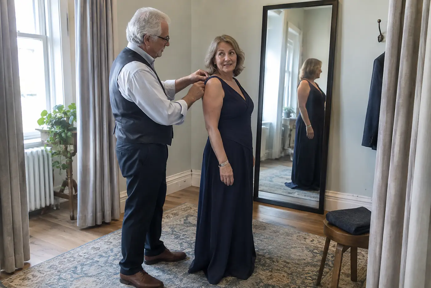 Tailor checking a shoulder seam while a woman stands before a mirror.