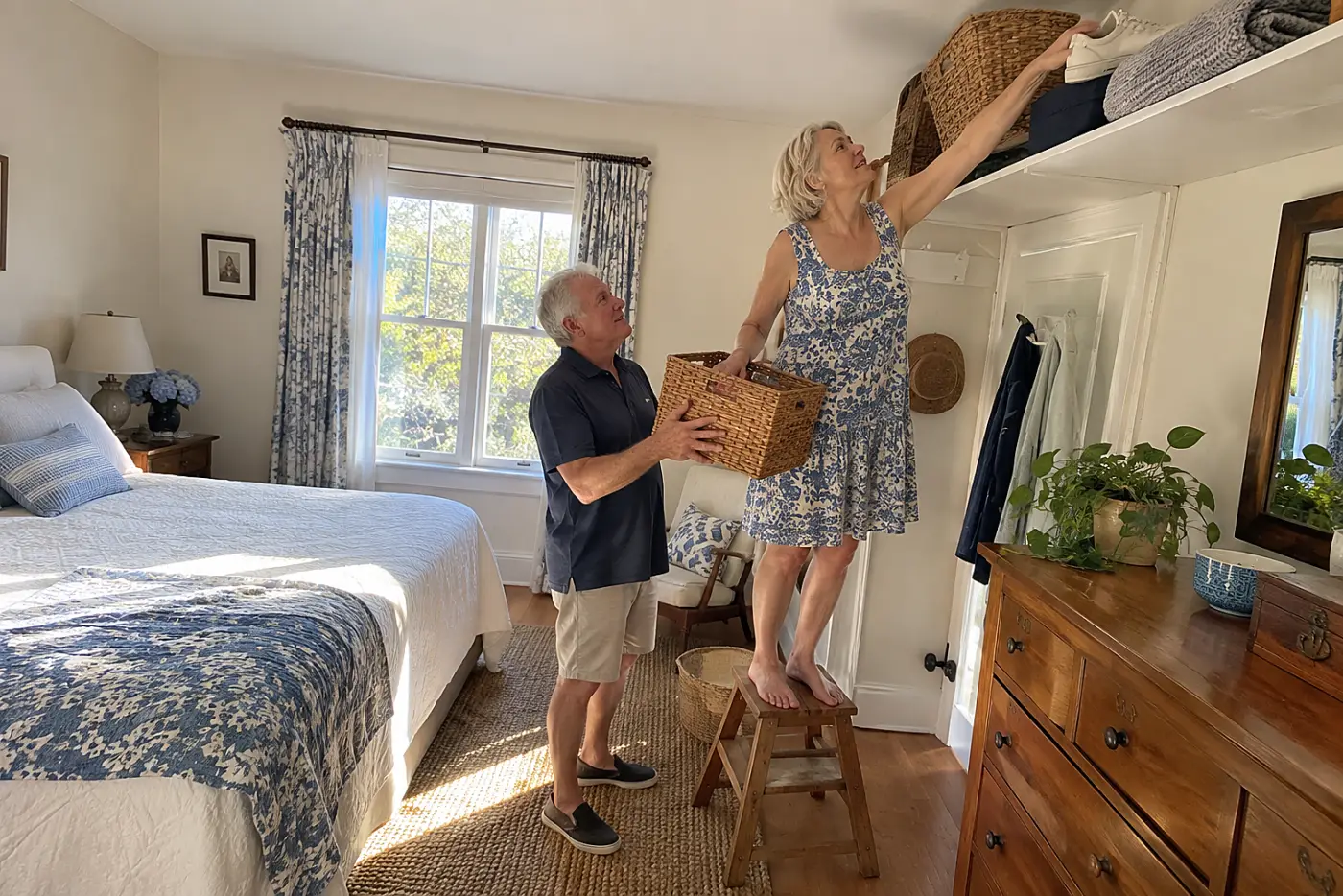 Woman reaching for a shelf while checking her dress armhole.