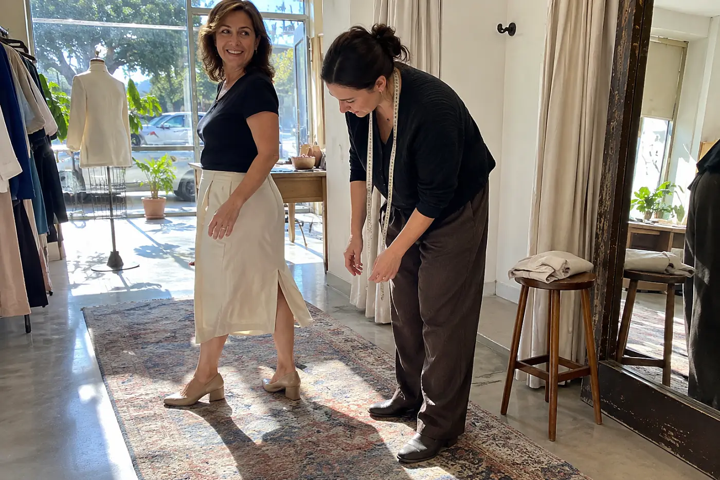Woman walking across a fitting room while a tailor watches her skirt vent.