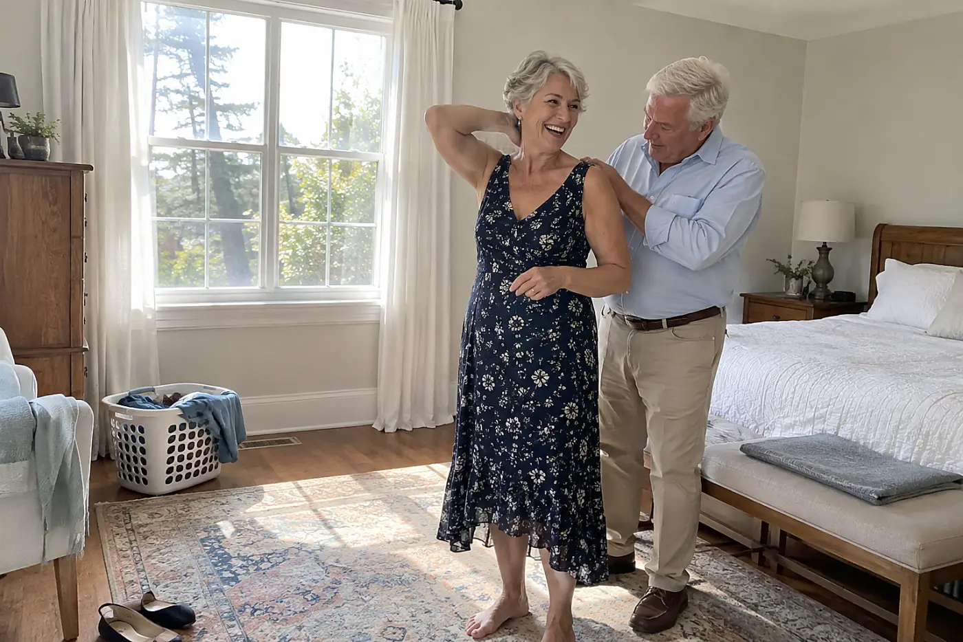 Woman reaching behind her neck to fasten a dress hook in her bedroom.