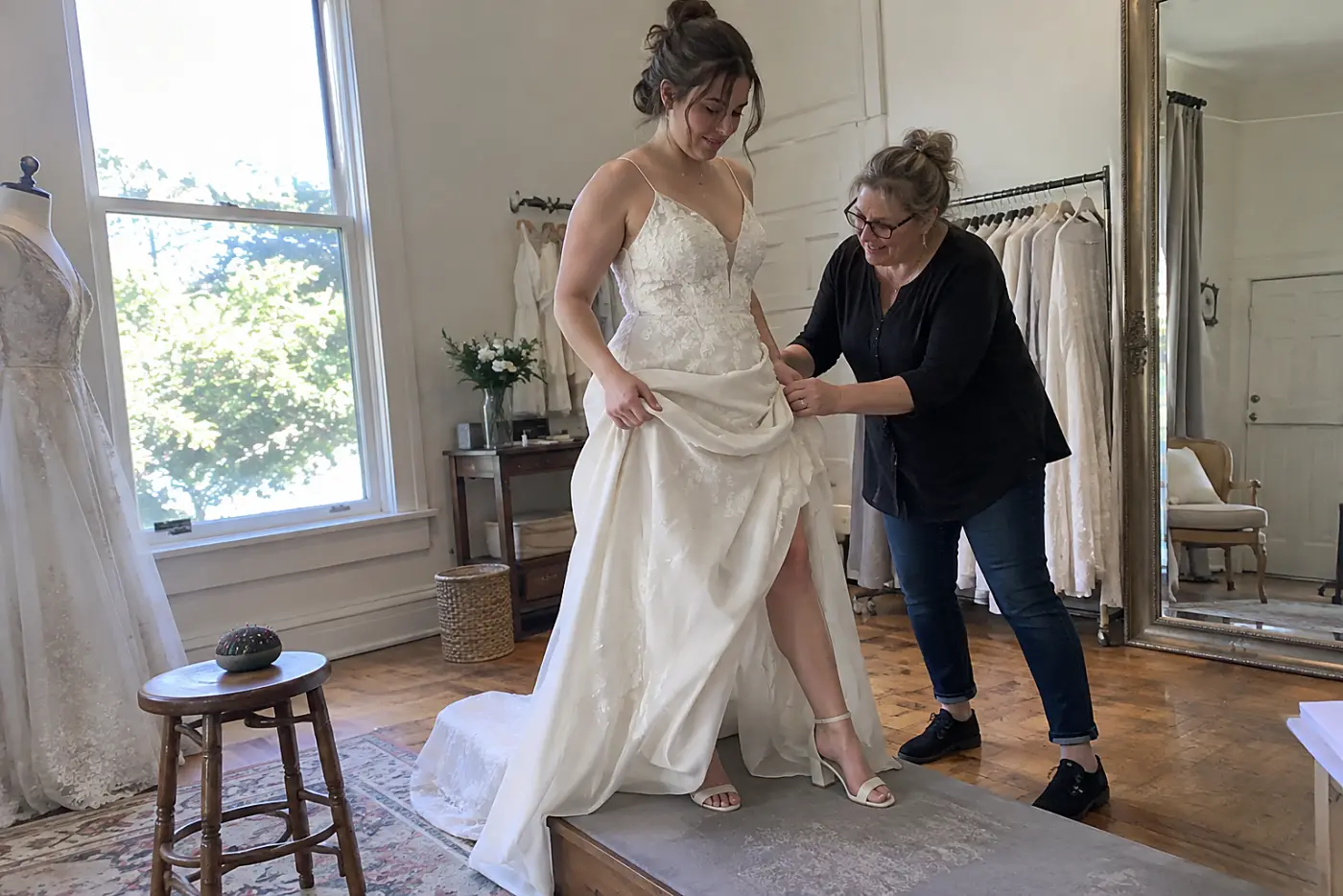 Tailor lifting a dress lining to check the fit at the hips.