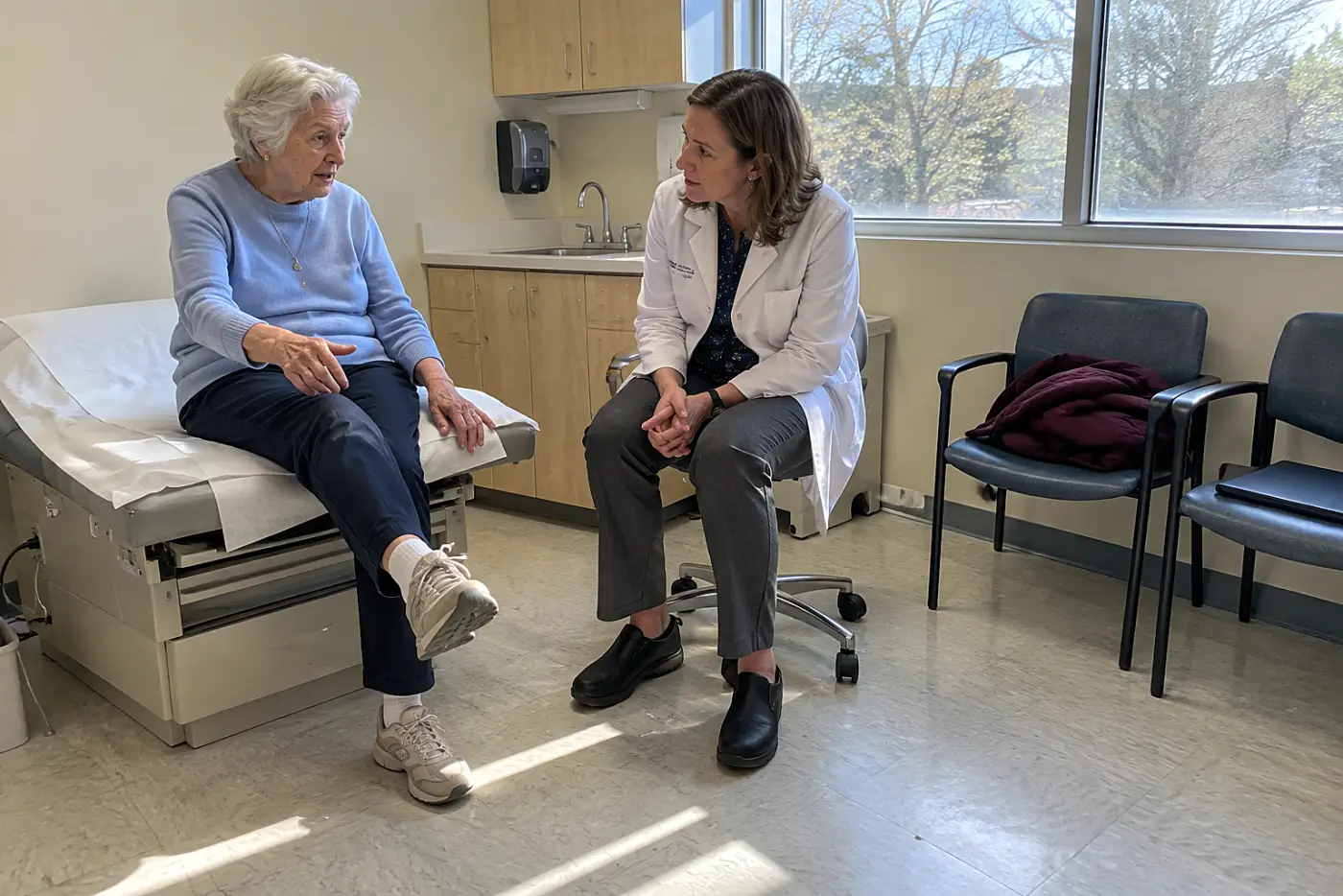 Woman describing a stumble to a clinician in an exam room.