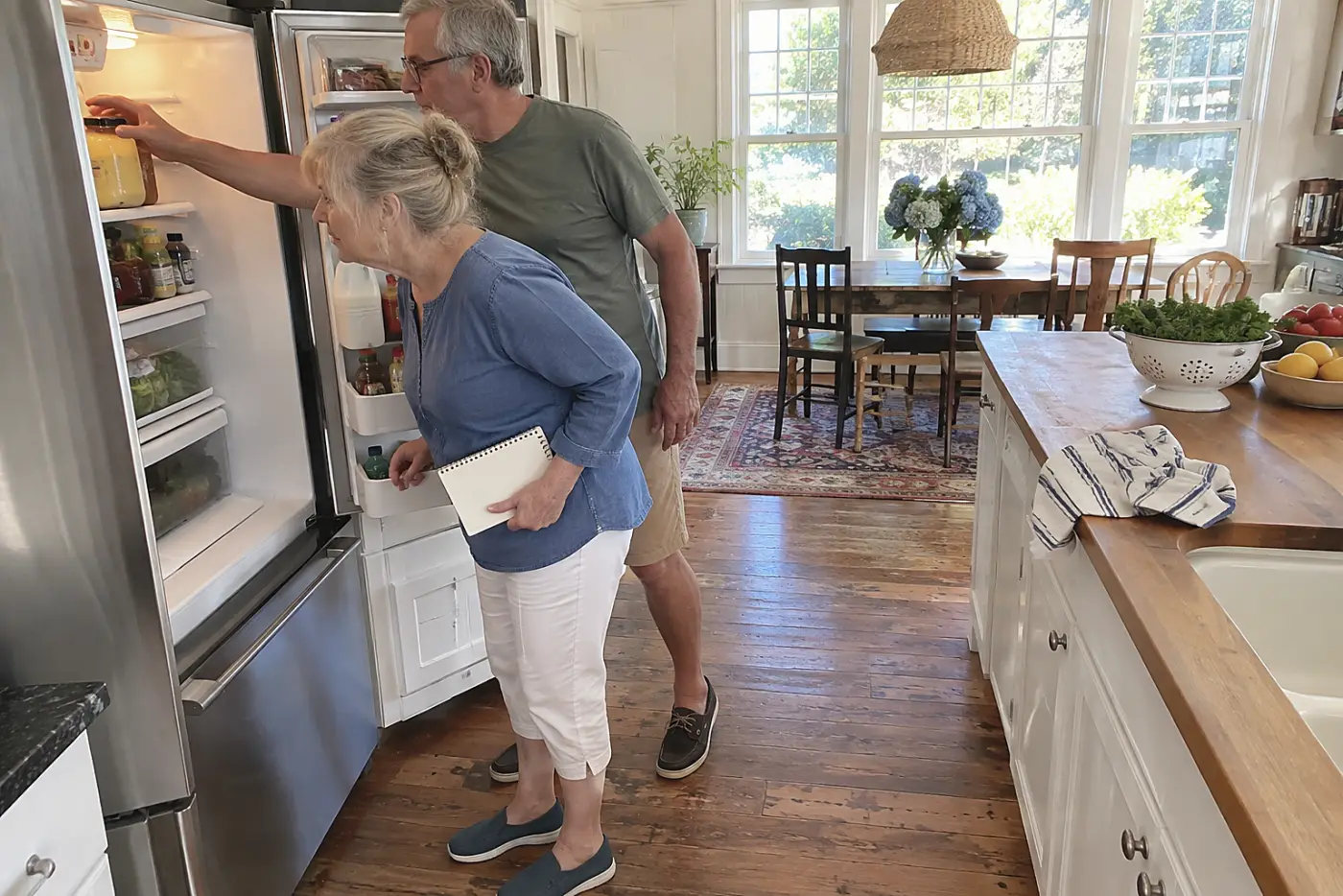 Woman checking her refrigerator before writing a grocery list at her kitchen counter.