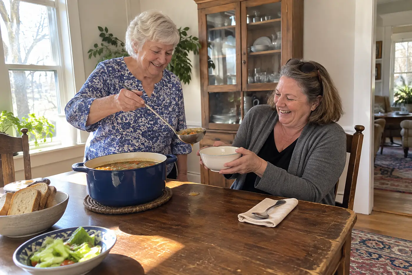 Woman serving soup to a friend at her dining table.