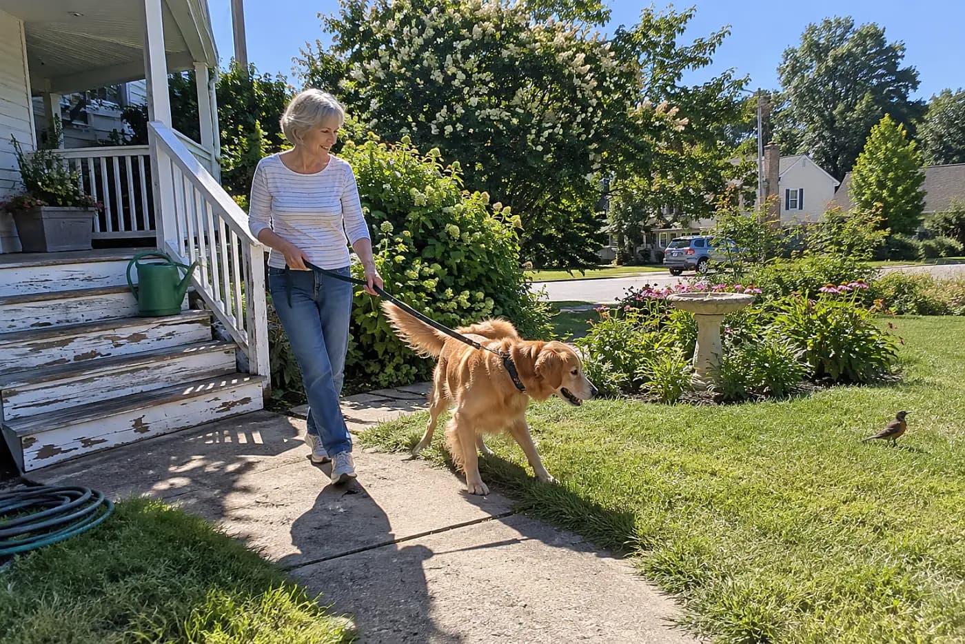 Woman walking outside on a sunny morning near her porch.