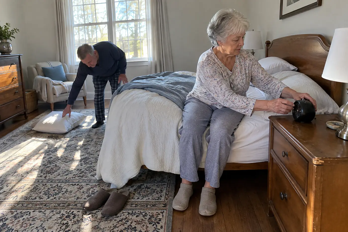 Woman setting an alarm clock on her bedside table.