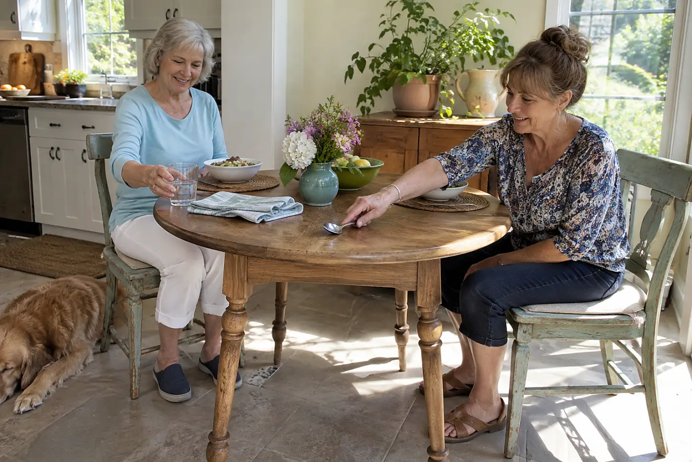 Woman placing a glass of water beside her lunch.
