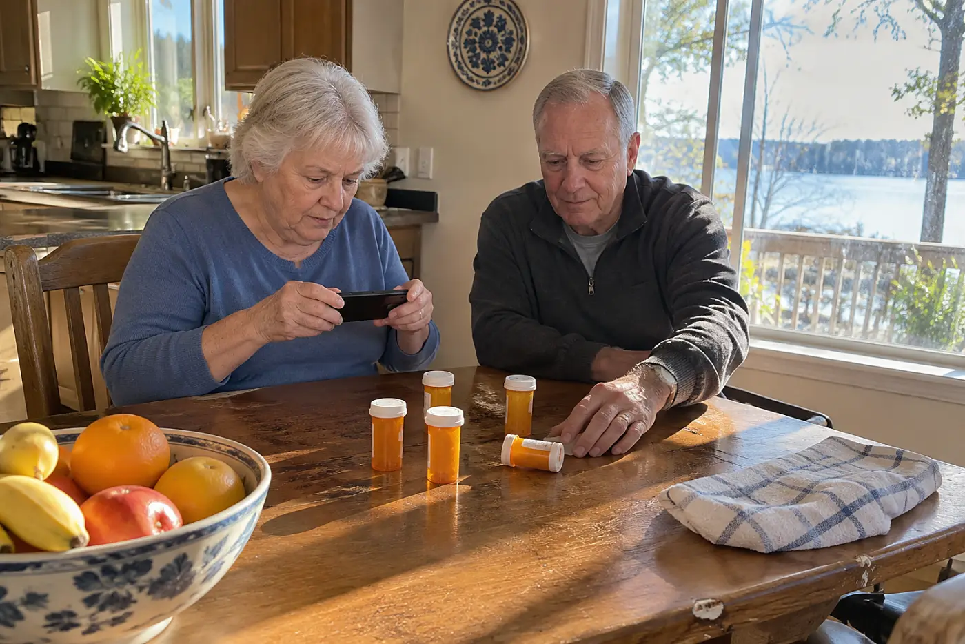 Woman photographing prescription bottle labels at her kitchen table.