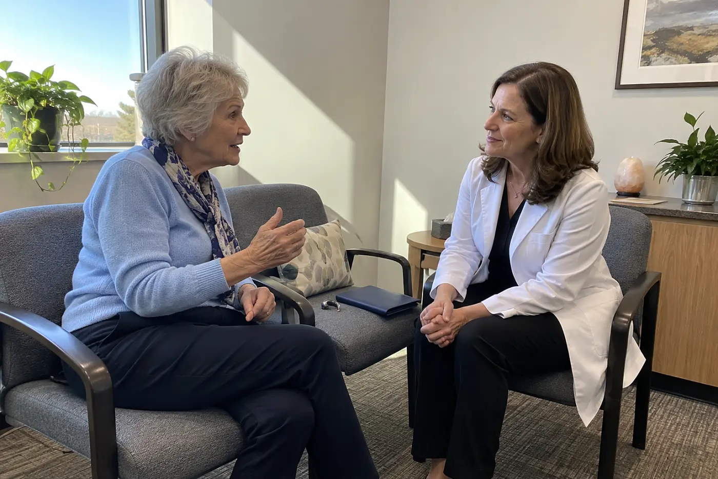 Woman speaking with an audiologist in a hearing clinic.