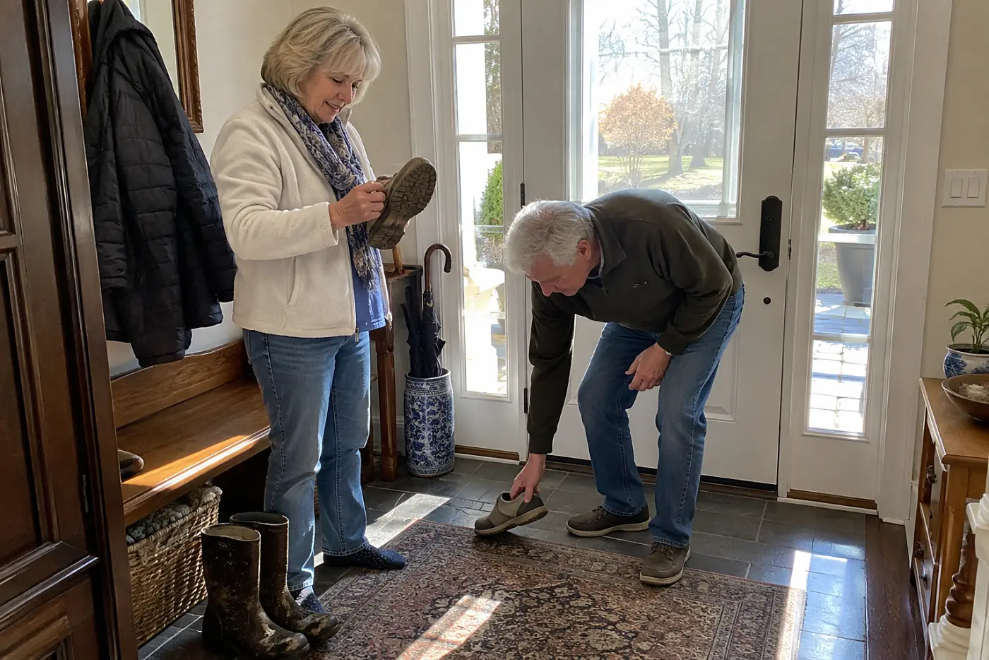 Woman checking the soles of her shoes by the front door.