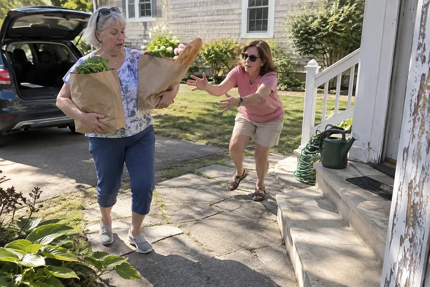 Woman carrying grocery bags from her car to her front door.