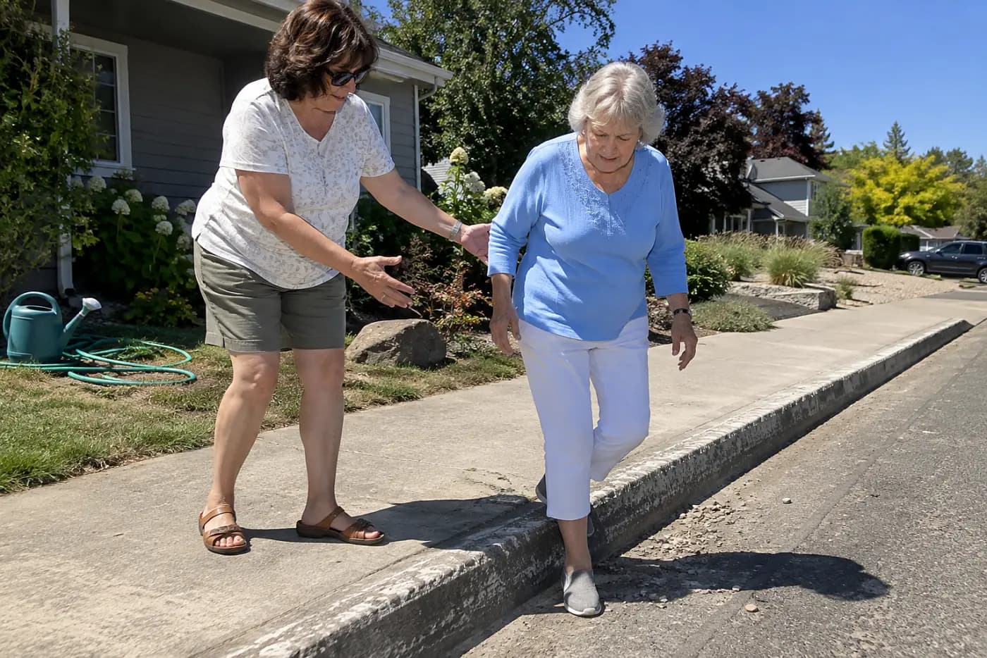 Woman stepping down from a curb beside a neighborhood sidewalk.