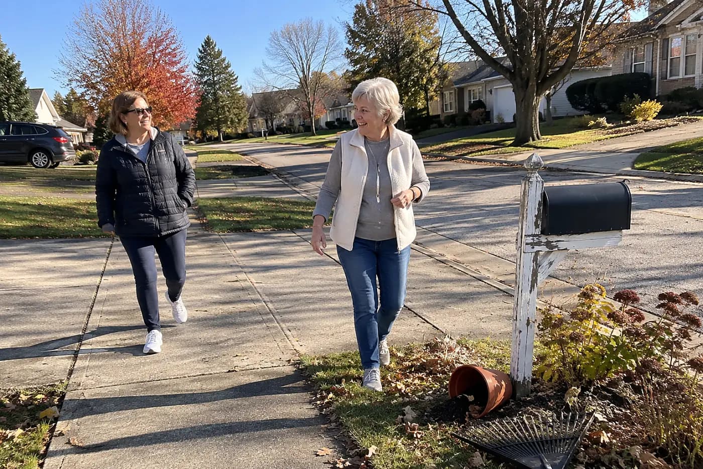 Woman walking toward a mailbox on her block.