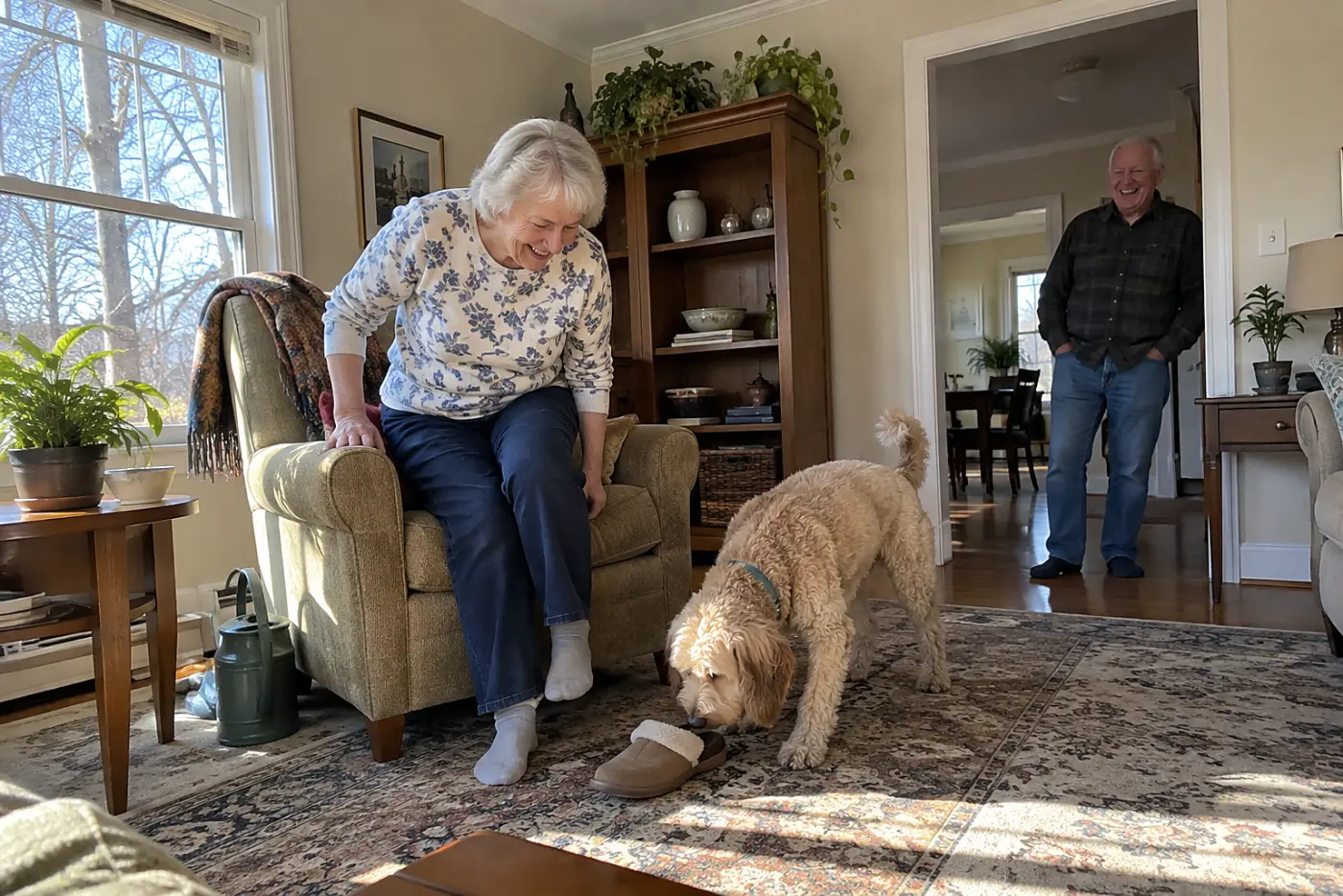 Woman standing up from a sturdy chair in her living room.
