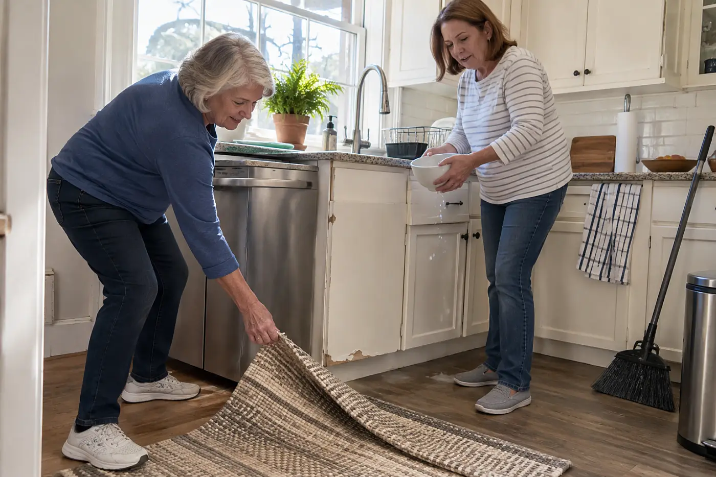 Woman moving a loose rug beside her kitchen sink.