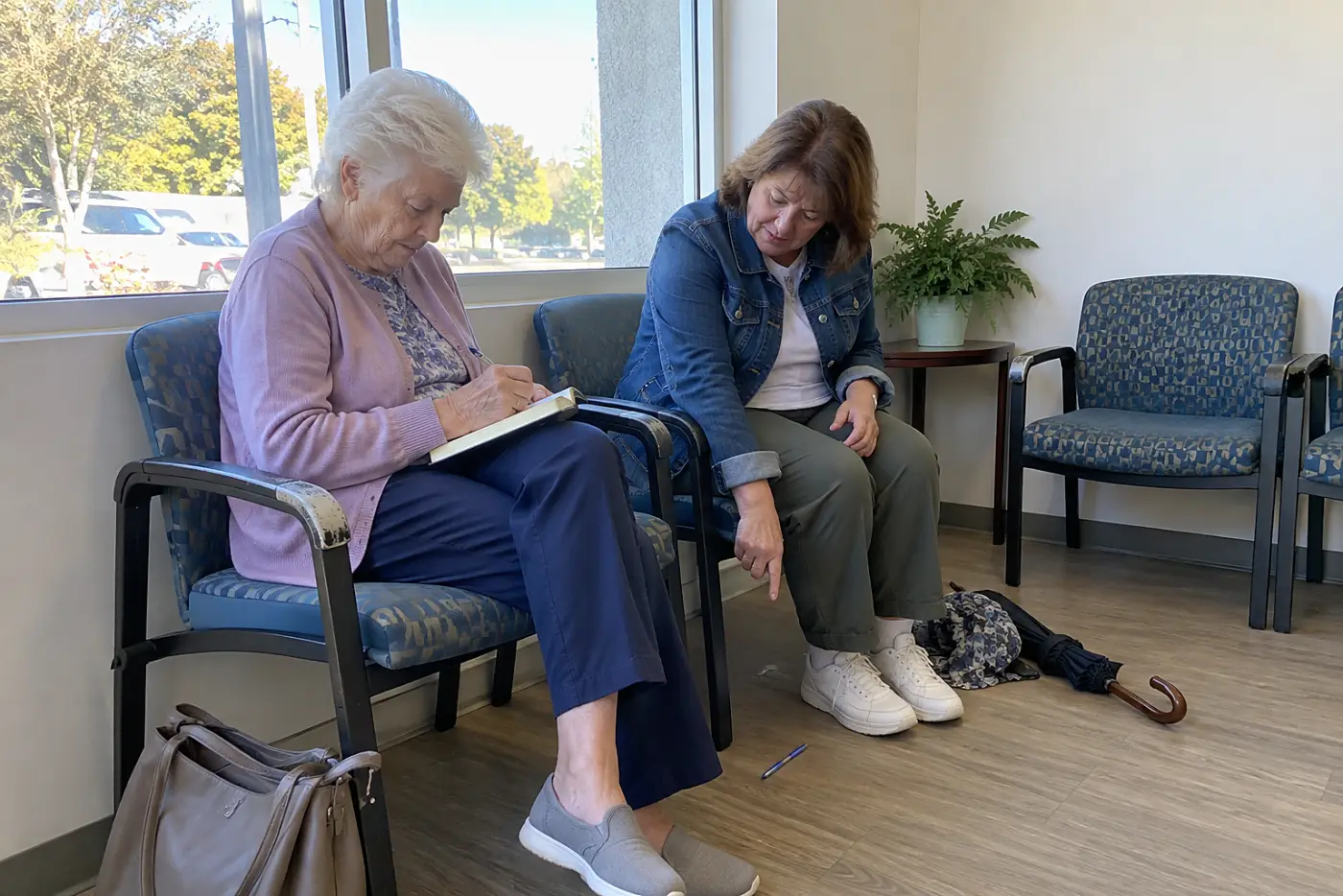 Woman writing notes in a notebook in a clinic waiting room.