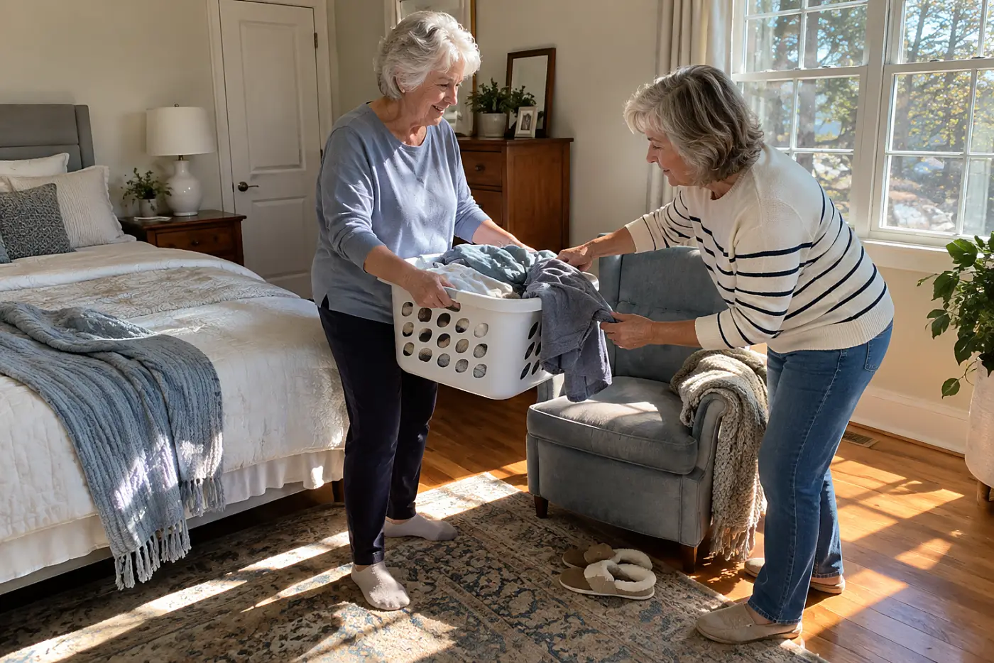 Woman lifting a laundry basket from a bedroom chair.