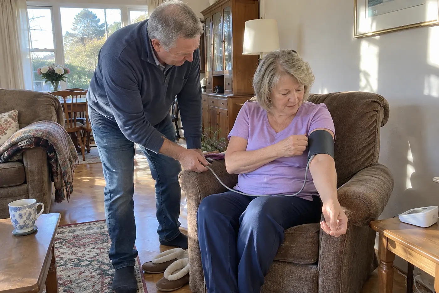 Woman checking her blood pressure with an upper-arm cuff at home.