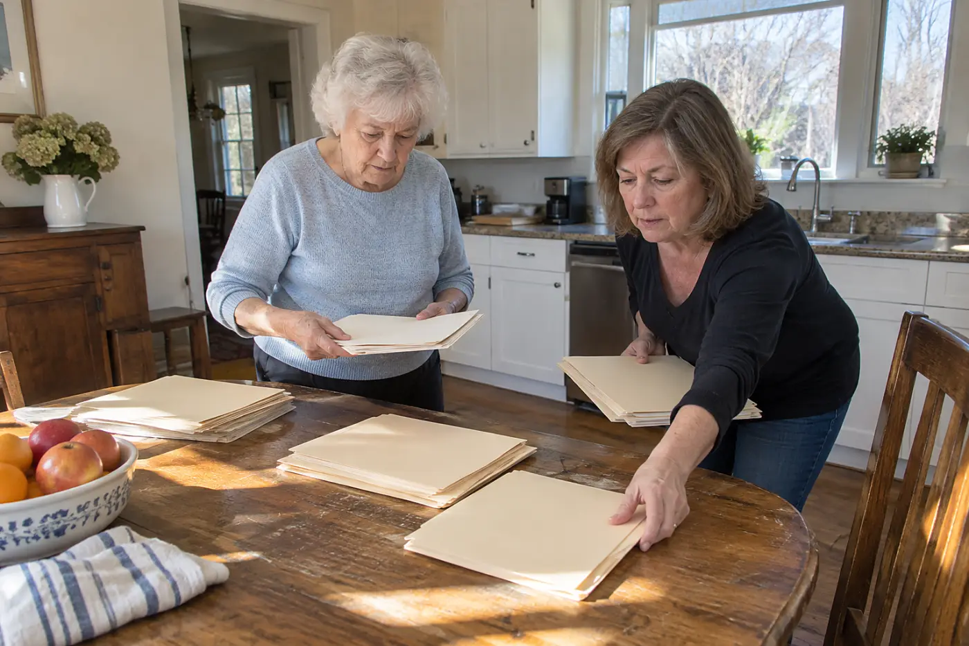 Woman sorting vaccine records at her kitchen table.